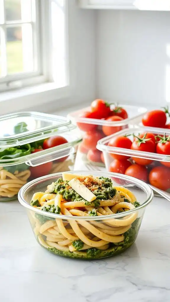 pesto pasta topped with tomatoes