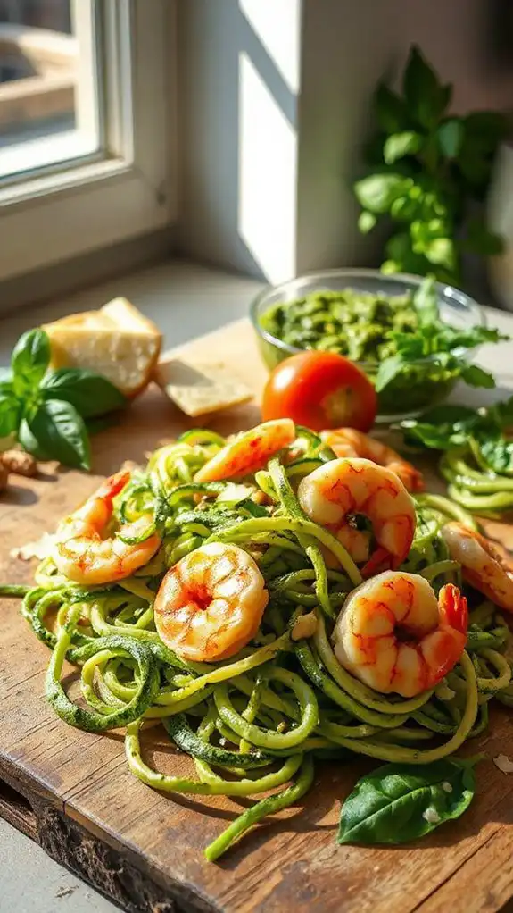 pesto shrimp over zoodles