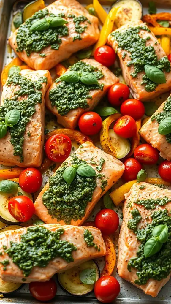 pesto topped salmon with tomatoes