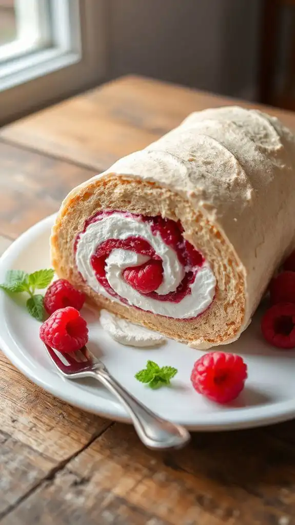 raspberry filled meringue dessert roulade