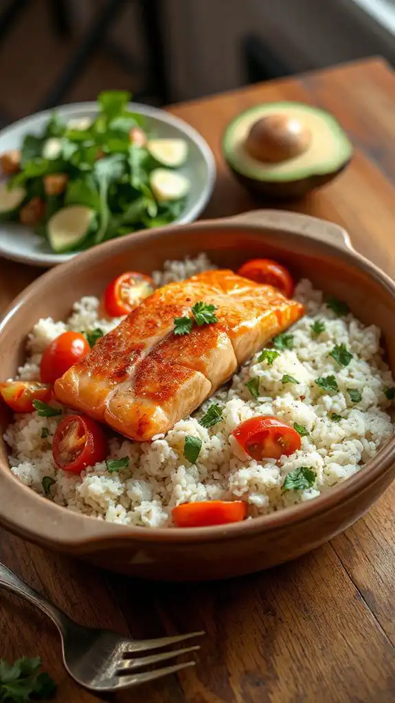 salmon topped baked rice dish