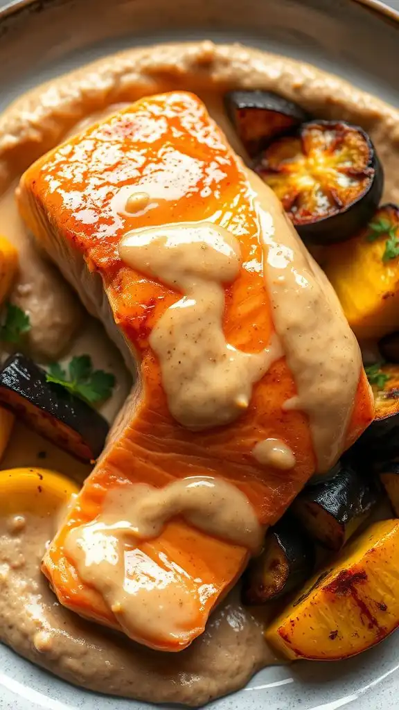 salmon topped with hummus
