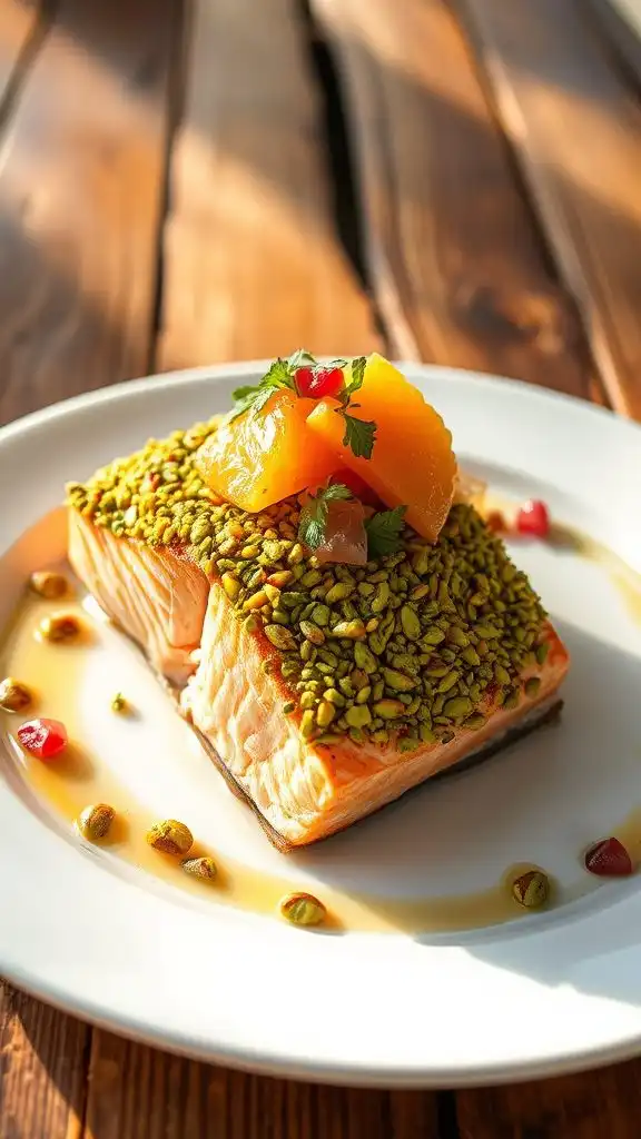 salmon topped with pistachio salsa
