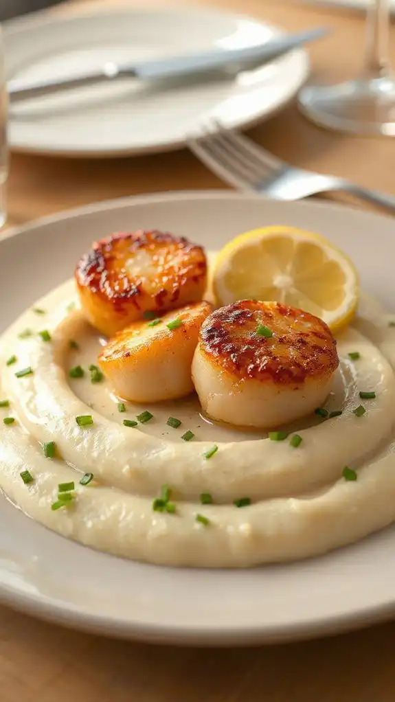 scallops on cauliflower pur e
