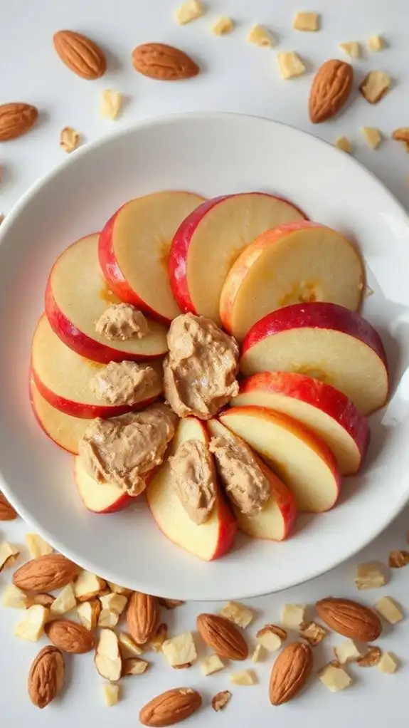 sliced apple topped almonds