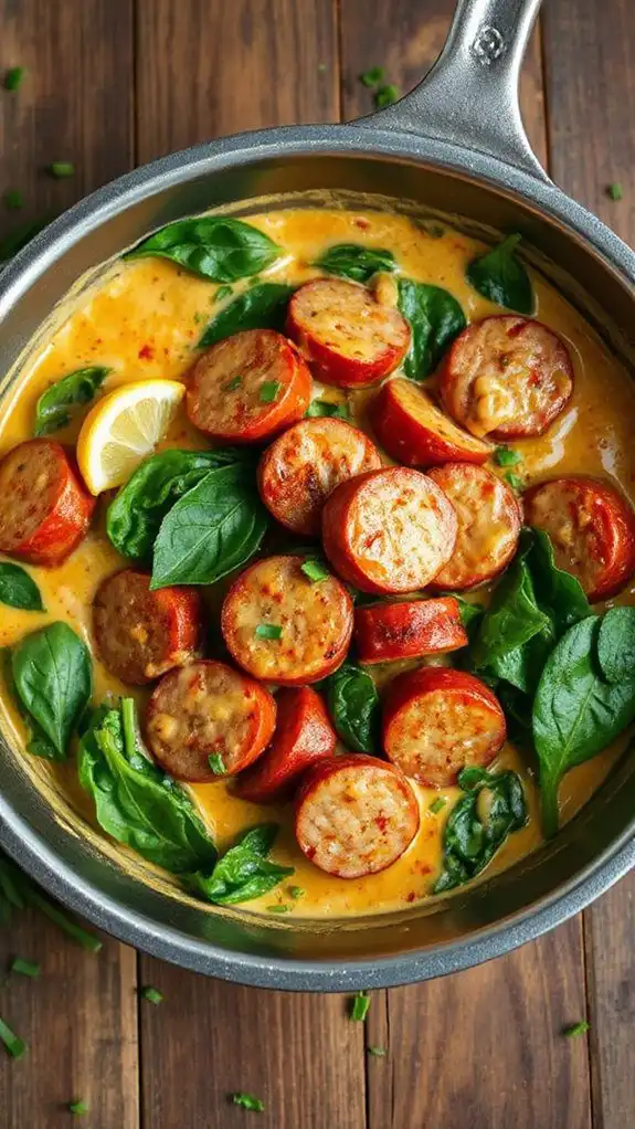 spicy sausage with creamy spinach
