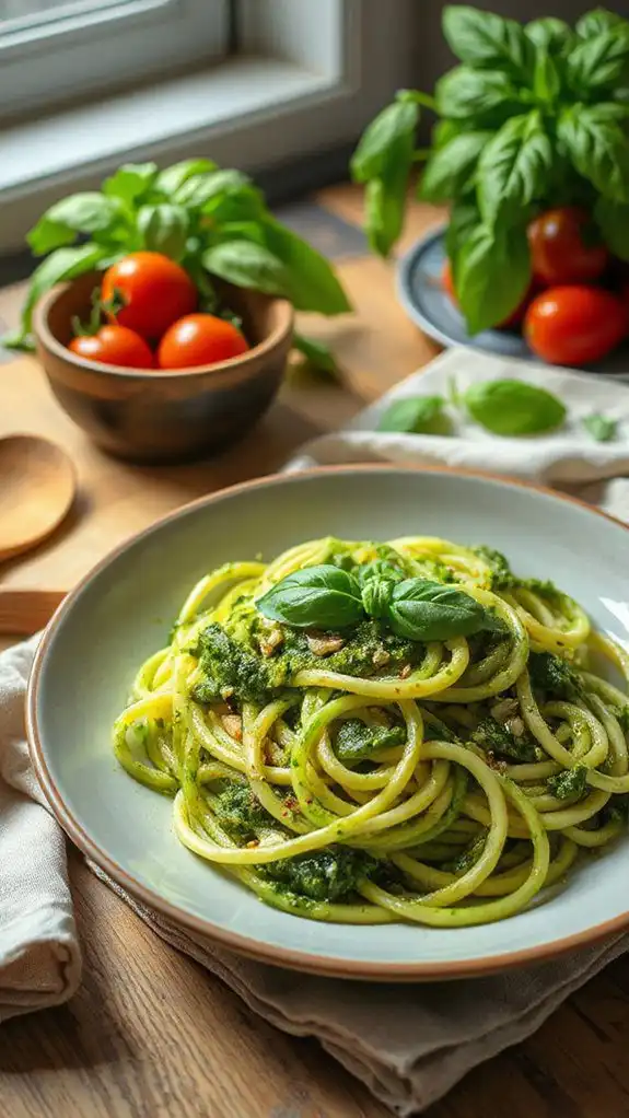 zucchini noodles topped pesto