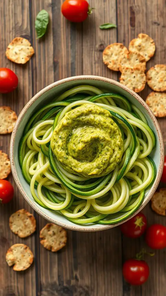 zucchini noodles topped pesto
