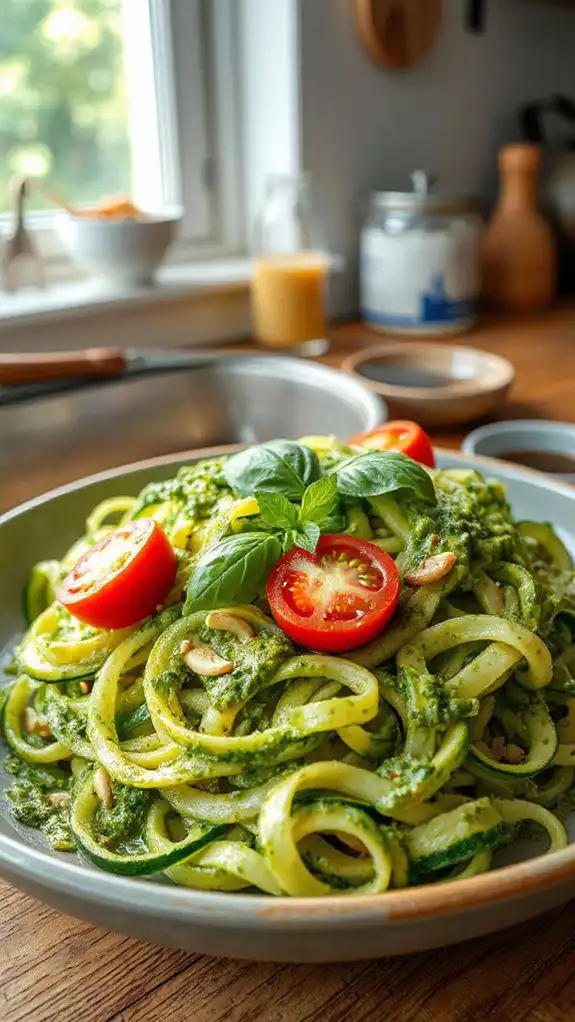 zucchini noodles topped with pesto
