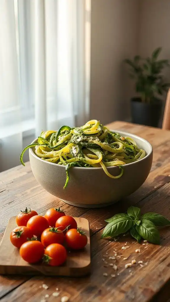 zucchini noodles topped with pesto