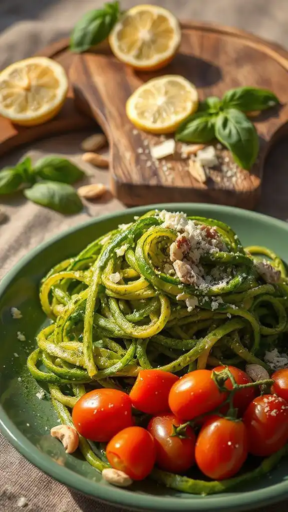 zucchini noodles topped with pesto
