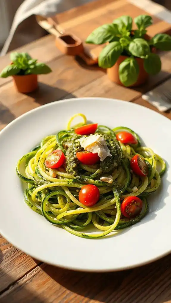 zucchini noodles topped with pesto