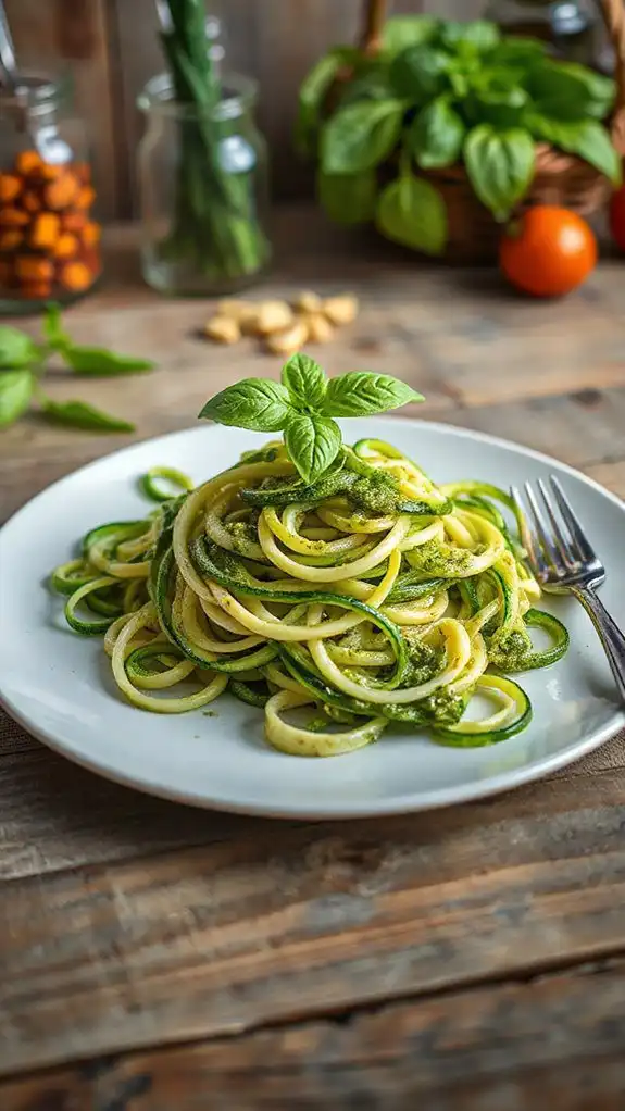 zucchini noodles topped with pesto zucchini noodles topped with pesto