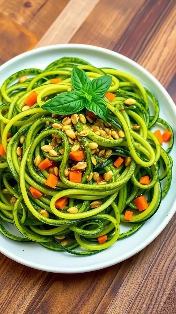 zucchini noodles topped with pesto