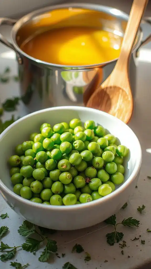 add peas and broth