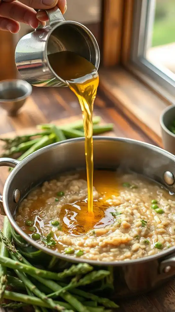 add vegetable broth carefully