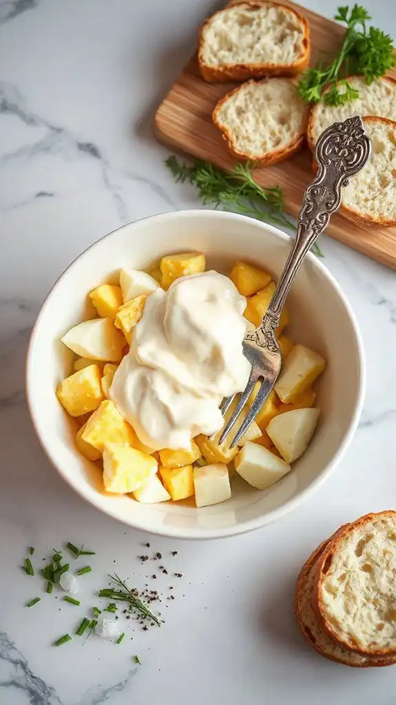 combine eggs and mayonnaise
