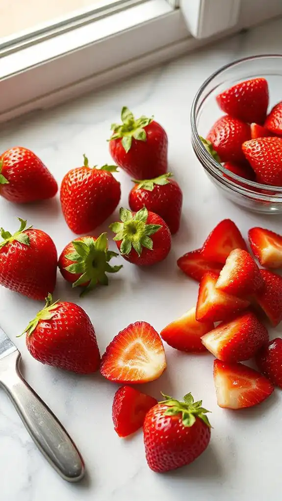 dawn harvested strawberries gently mashed
