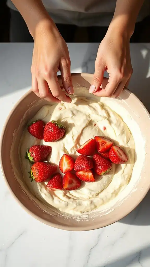 gently incorporate strawberries first