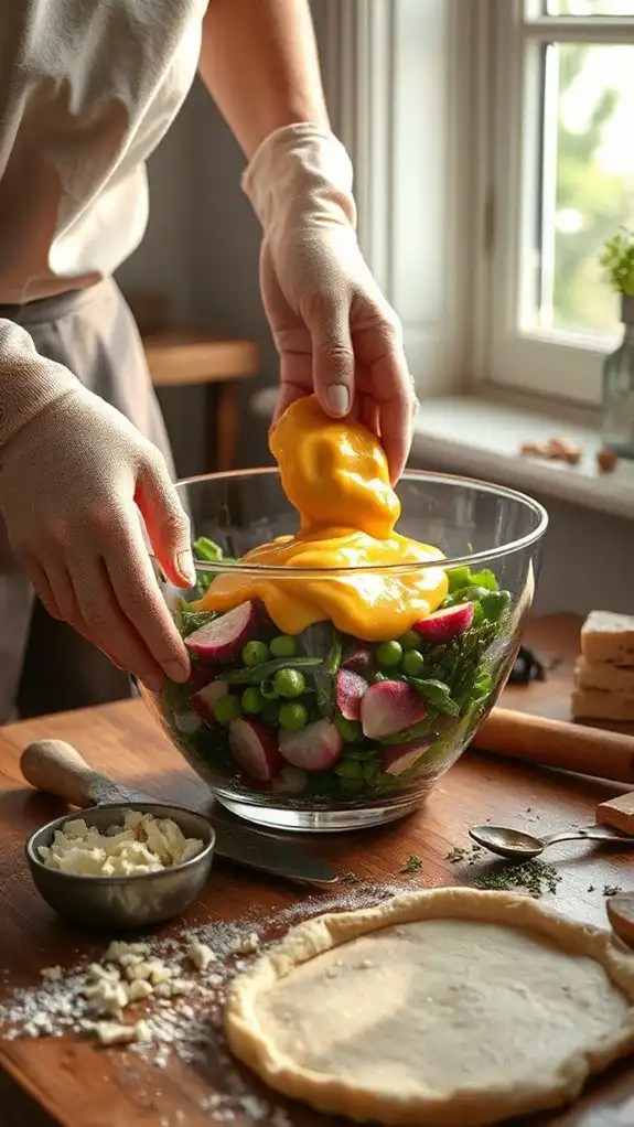 gently incorporate whisked eggs