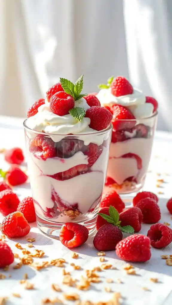 layered yogurt and raspberries