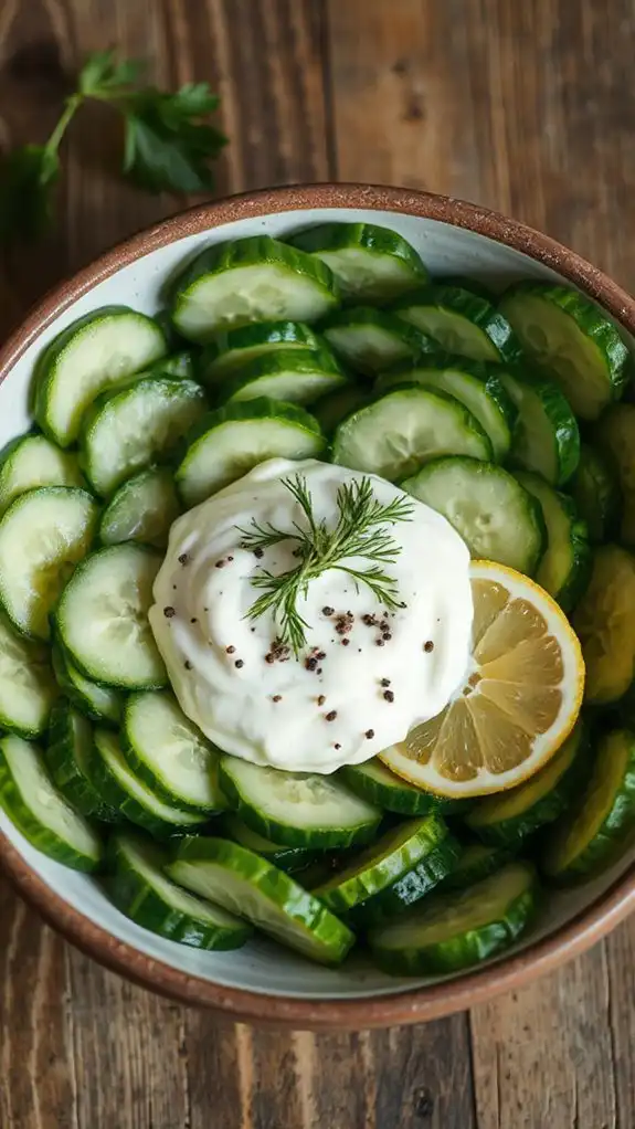 mix cucumbers with dressing
