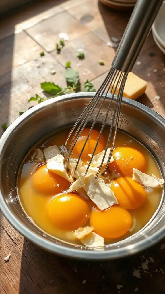 mix eggs with cheeses