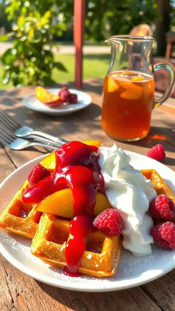 peach dessert with waffles