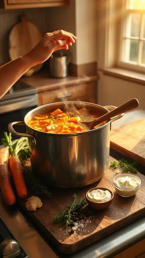 simmering vegetables in broth