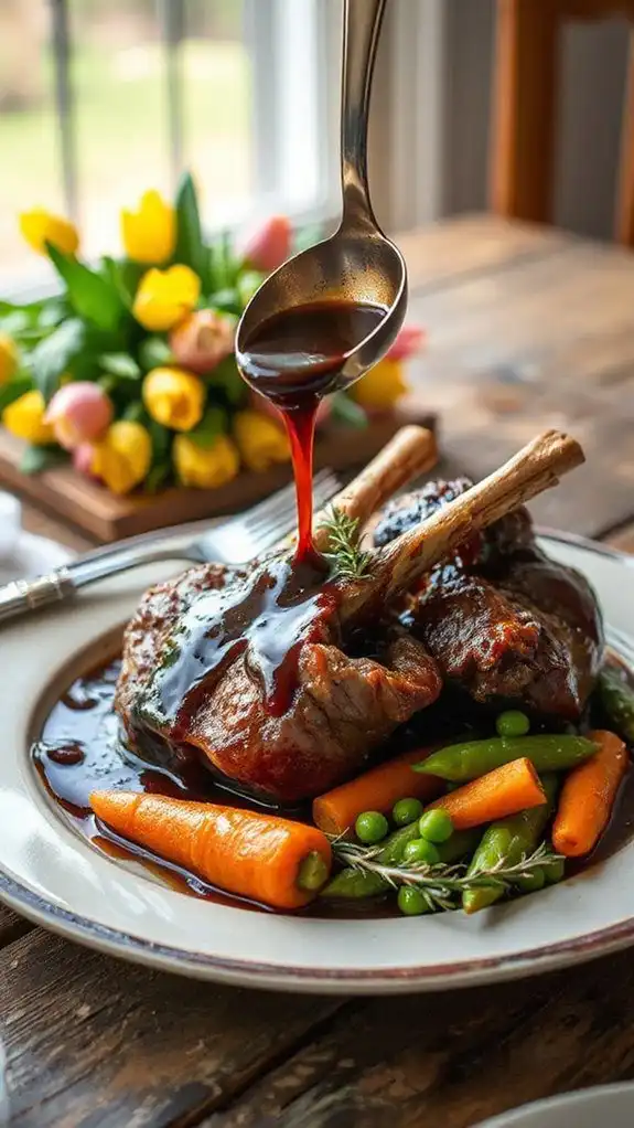 spoon sauce onto lamb