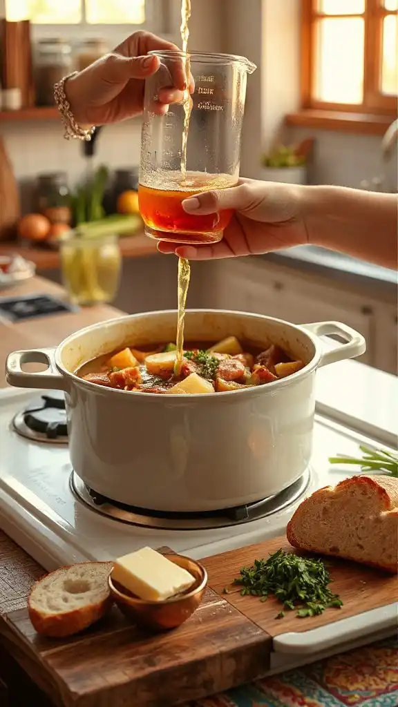 adding broth to ingredients adding broth to ingredients