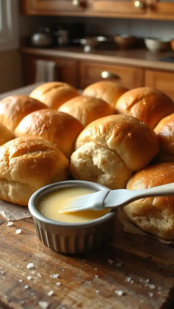 brushing rolls with butter