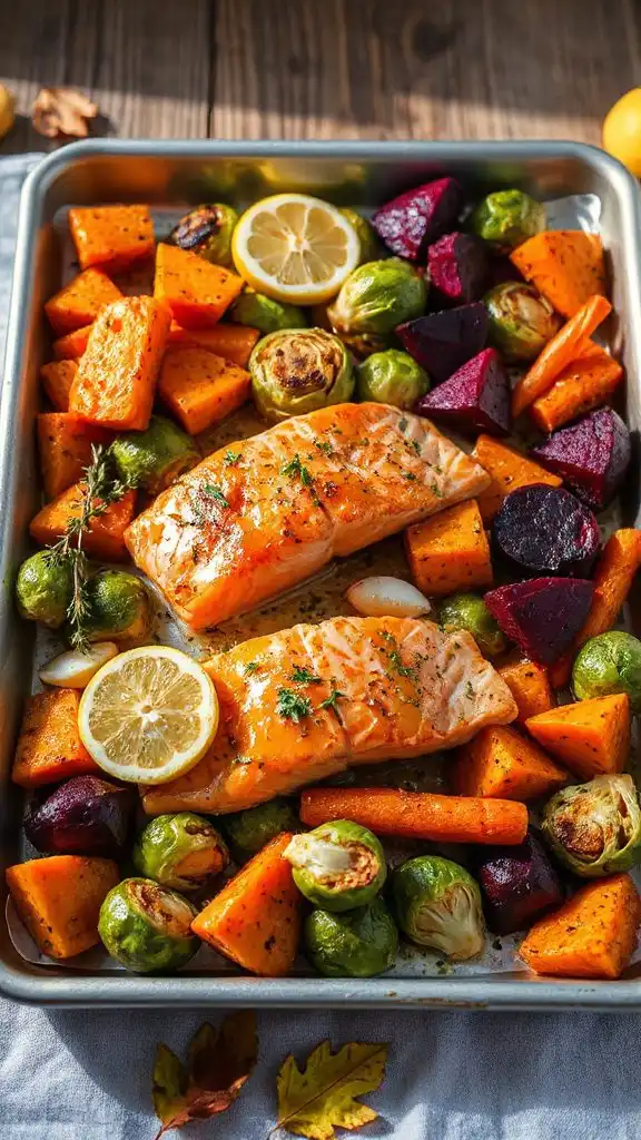 colorful salmon vegetable roast