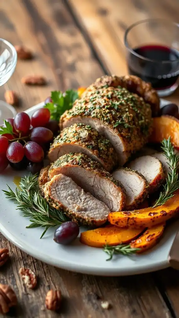 herb crusted pork with grapes