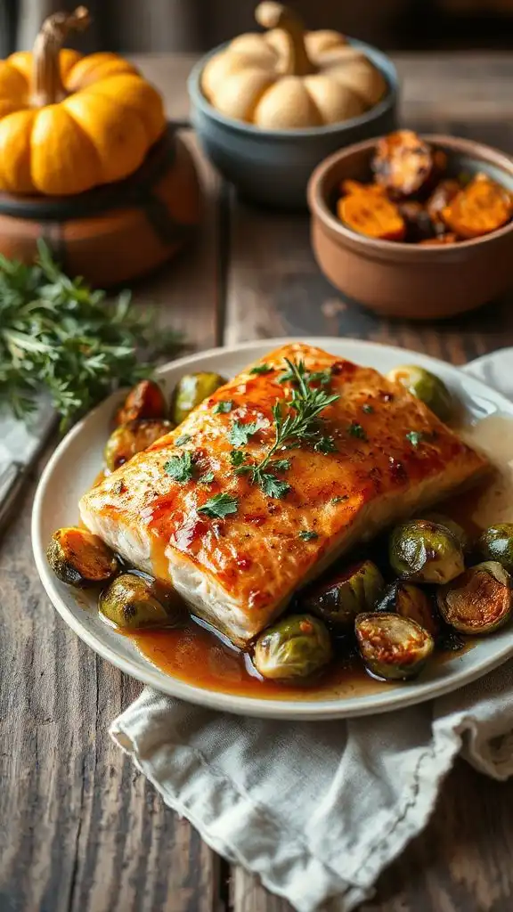 maple glazed salmon and brussels