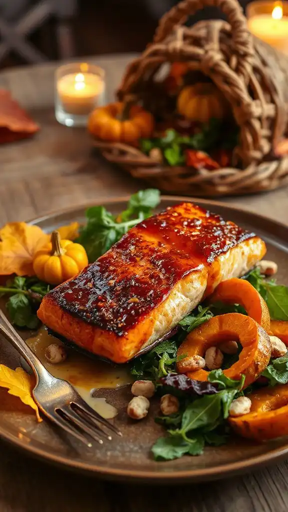 maple glazed salmon with hazelnuts