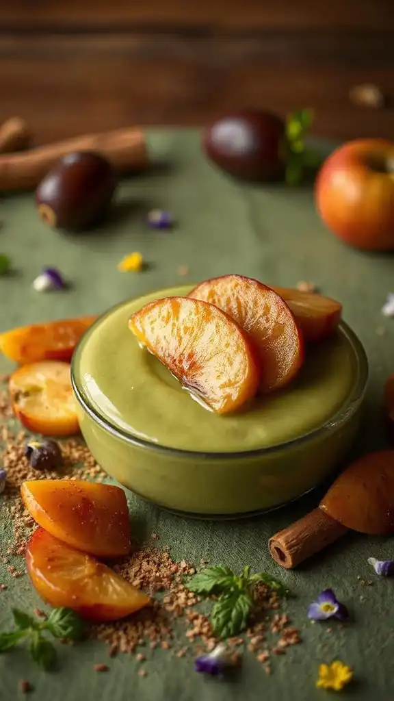 matcha pudding with caramelized apples