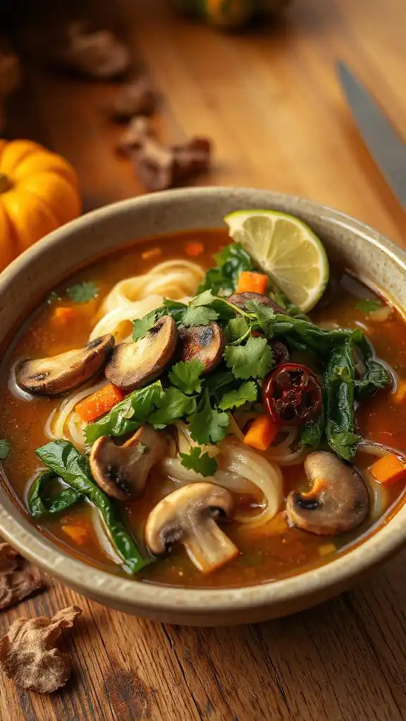 mushroom collard greens noodle soup
