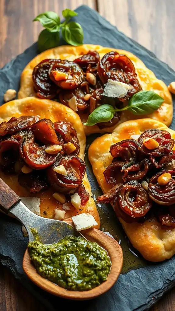 pesto caramelized onion flatbreads