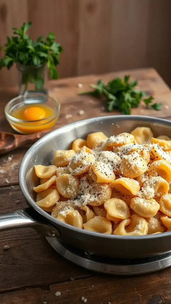preparing tortellini for carbonara