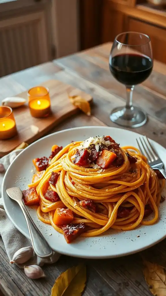 pumpkin infused carbonara pasta dish