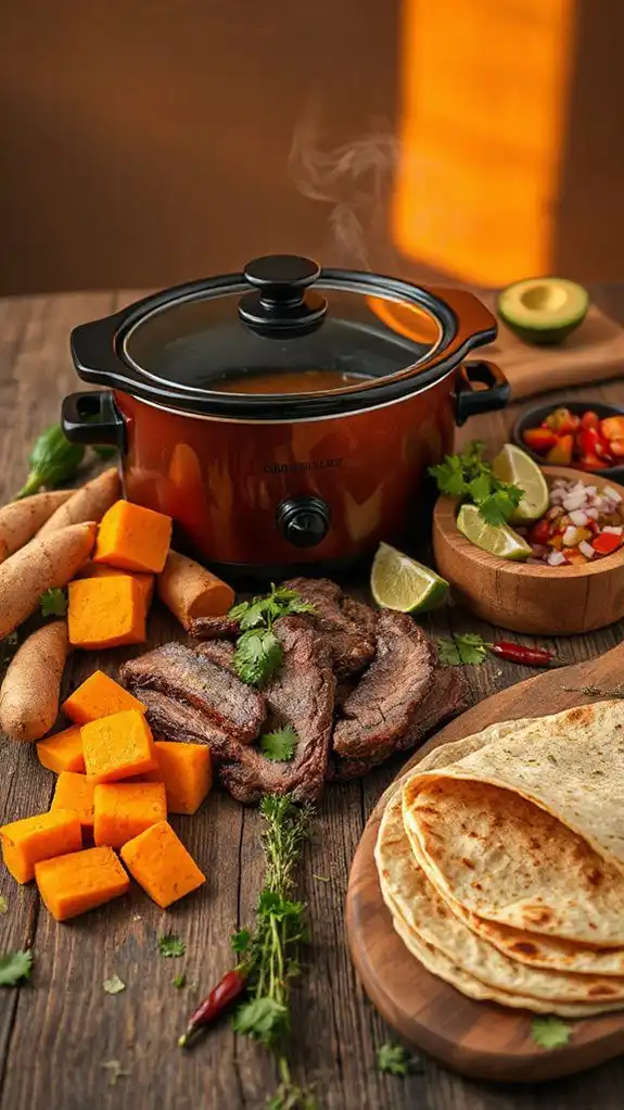 slow cooked beef and sweet potatoes