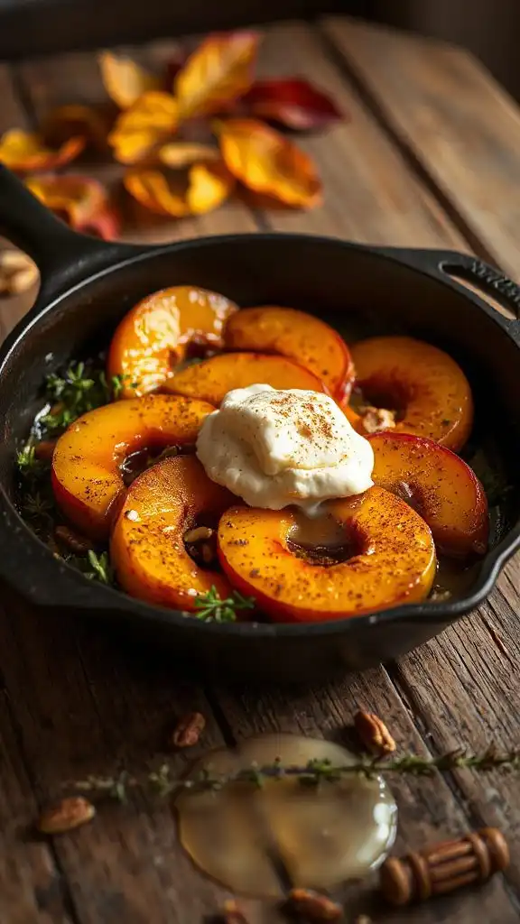 warm cinnamon peach dessert skillet
