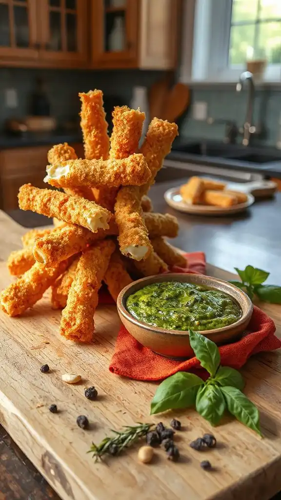 crispy pesto mozzarella sticks