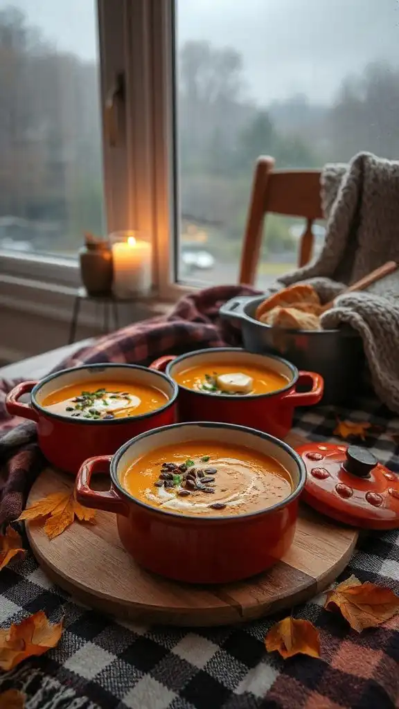 rustic soup in enamel bowls