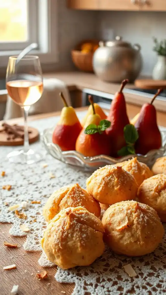 coconut macaroons with poached pears
