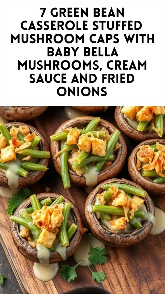7 Green Bean Casserole Stuffed Mushroom Caps With Baby Bella Mushrooms, Cream Sauce and Fried Onions