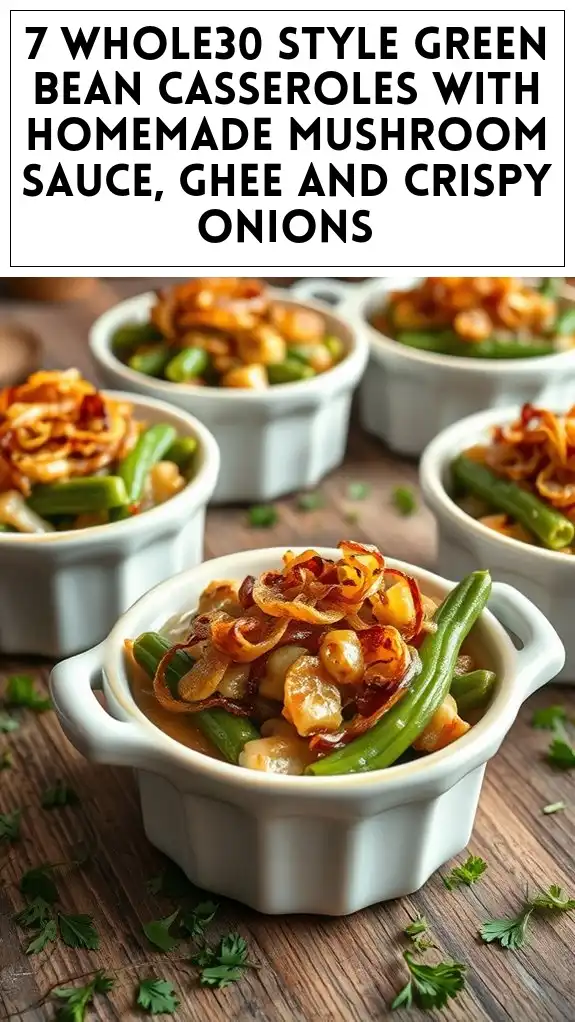 7 Whole30 Style Green Bean Casseroles With Homemade Mushroom Sauce, Ghee and Crispy Onions