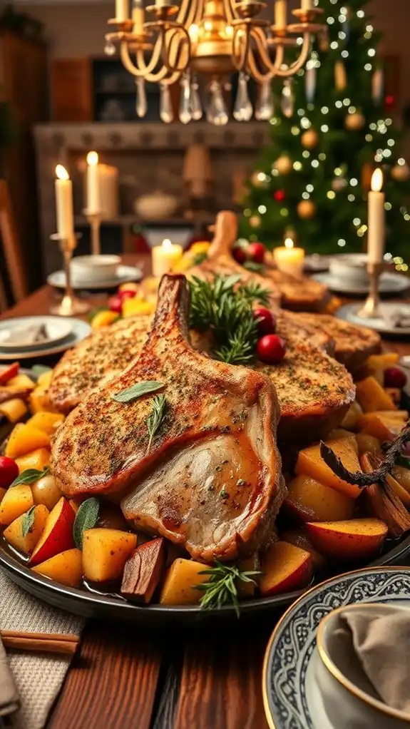 herb crusted pork chops served